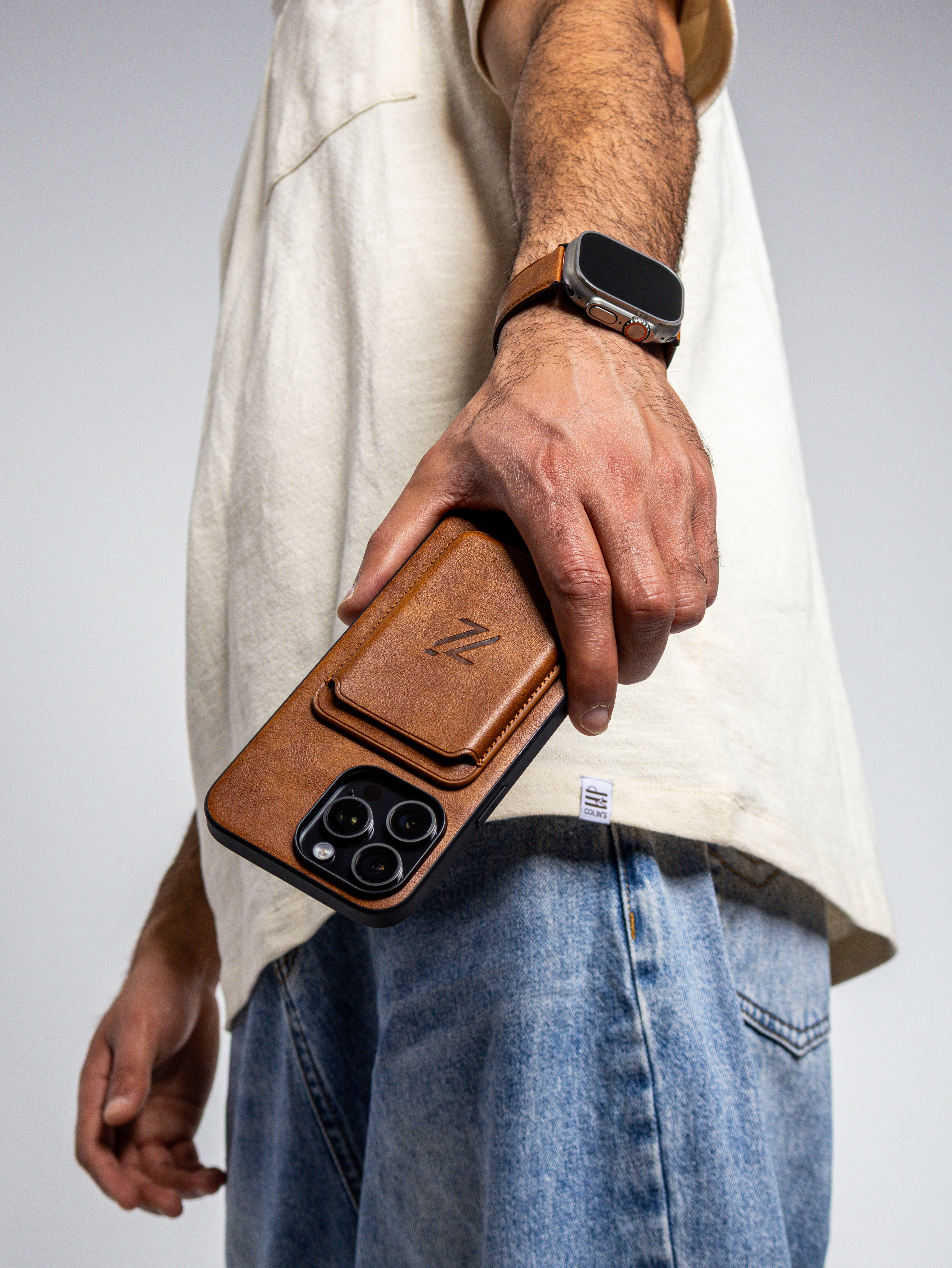 iPhone Luxury Leather Magsafe Case + Luxury Magnetic Card Holder ( Brown )